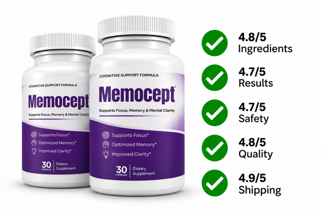 Memocept review showing two supplement bottles with ratings of 4.8/5 for ingredients, 4.7/5 for results, 4.7/5 for safety, 4.8/5 for quality, and 4.9/5 for shipping.