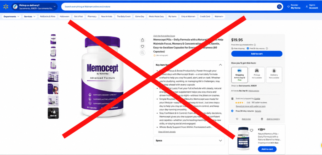 Different Memocept product found online with packaging and labeling that do not match the authentic formula.