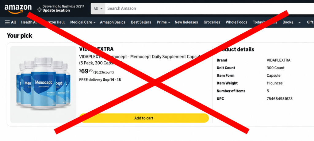 Counterfeit Memocept product with packaging different from the authentic supplement reviewed on this page.