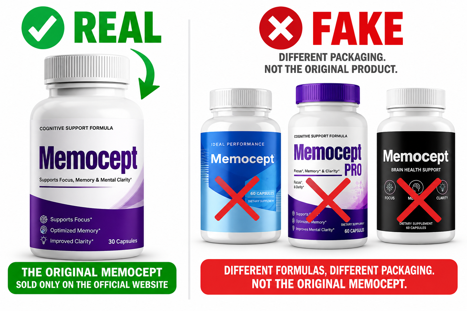 Authentic Memocept bottle compared with fake Memocept products found on third-party marketplaces.