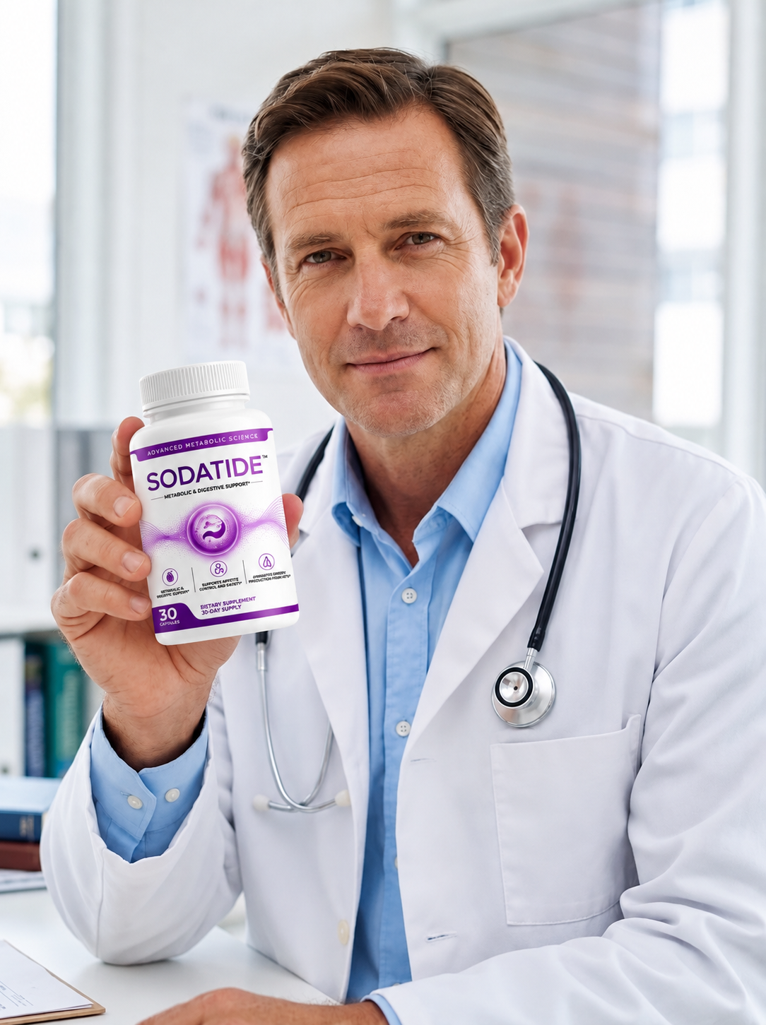 Doctor presenting the SodaTide metabolic and digestive support supplement