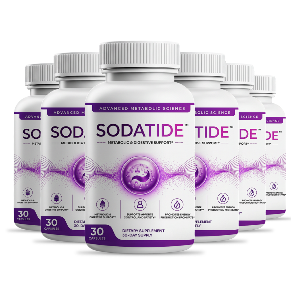 Three SodaTide supplement bottles displayed with a free shipping badge.