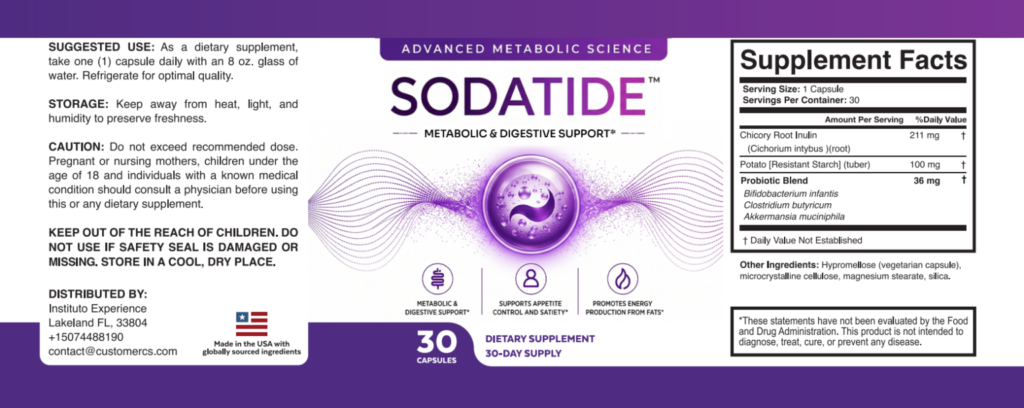 SodaTide supplement packaging showing product information and formula details.
